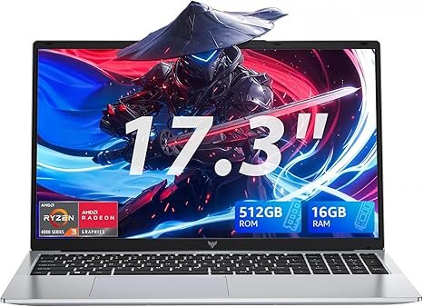 Gaming Laptop,17.3Inch AMD Ryzen 4300U (4C/4T, Beat Intel Processor N100,up to 3.7GHz) 16GB DDR4 RAM 512GB SSD Business Computer with Webcam,Type-C, 62.7Wh Battery, Numeric KB