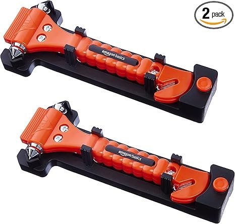 Amazon Basics Emergency Escape Tool, Window Breaker and Seatbelt Cutter, Car Safety Hammer with Protective Bracket, Bright Orange, 2 Pack, SW-835